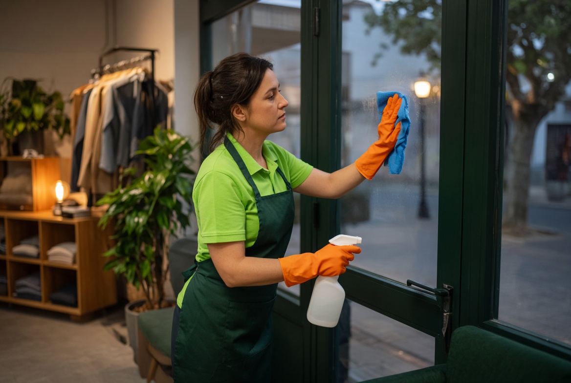 Empower Team cleaner polishing storefront glass